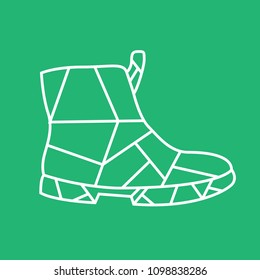 Simple minimalist vector illustration of unisex modern shoes, worker type. Isolated object on green colored background. White thin lines icon, geometric polygonal style. For fashion e-commerce or blog