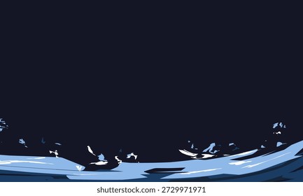 Uma ilustração vetorial simples e minimalista de uma superfície de água com ondulações e ondas em azul e branco sobre um fundo escuro, apresentando espaço vazio na parte superior para texto ou design