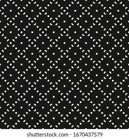 Simple minimalist vector seamless pattern. Abstract black and white geometric texture. Subtle minimal background with small floral shapes, diamonds, arrows, dots, grid. Dark repeat monochrome design