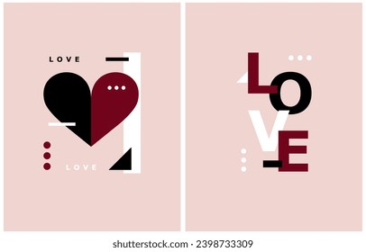 Ilustración del vector diurno simple de Velentine minimalista. Corazón de estilo geométrico rojo-negro y palabra "amor" en un fondo rosado. Impresiones románticas creativas abstractas ideales para tarjetas, paredes de arte, afiches. RGB.