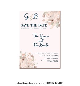Simple Minimalist watercolor flower Wedding Save The Date Invitation Template with Pink Peach Background