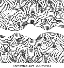 Sencillo patrón de onda minimalista. Arte de líneas gráficas dibujadas a mano. Paisaje abstracto moderno. Doodles monocromos en blanco y negro con rizos
