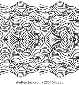 Simple minimalist wave pattern. Hand drawn graphic line art. Modern abstract  landscape. Monochrome black and white curly doodles
