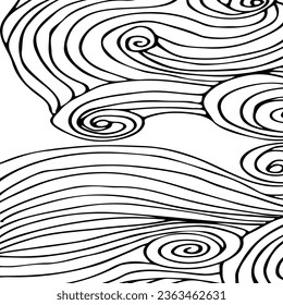 Simple minimalist wave pattern. Hand drawn graphic line art. Modern abstract  landscape. Monochrome black and white curly doodles
