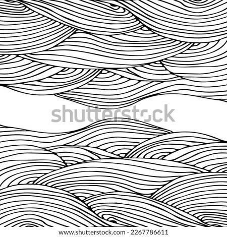 Simple minimalist wave pattern. Hand drawn graphic line art. Modern abstract  landscape. Monochrome black and white curly doodles
