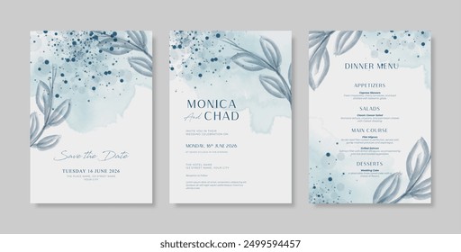 Plantilla de invitación de boda simple y minimalista con textura de acuarela