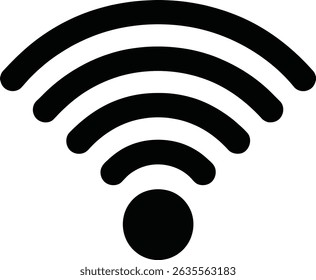 Uma silhueta preta simples e minimalista do sinal de Wi-Fi em um fundo branco. Esta ilustração vetorial mostra um design limpo com um círculo sólido e três arcos curvos representando a força sem fio.