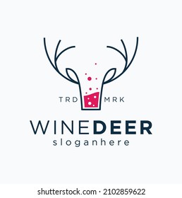 Simple Minimalist Wine Head Deer Logo Line Art Monoline Design. Beer Emblem With Deer Horn Logo With Glass Vector Label Stock Illustration.