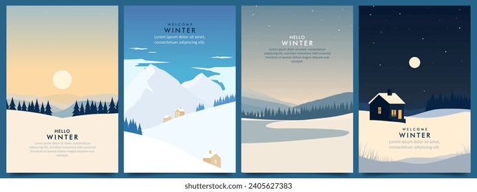 simple minimalist winter scene vector design illustration background set. forest, mountain, star, moon and house. for card, banner, poster, social media, promotion