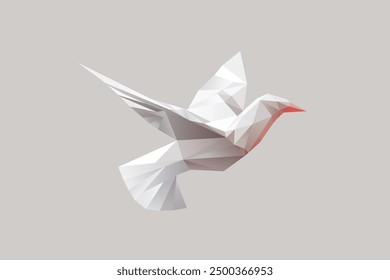 A simple and minimalistic abstract low poly origami dove flying with clean lines in white color on a grey background. The design using simple colors to convey the concept of peace or freedom.