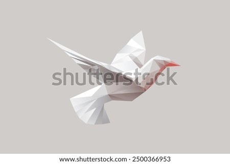 A simple and minimalistic abstract low poly origami dove flying with clean lines in white color on a grey background. The design using simple colors to convey the concept of peace or freedom.