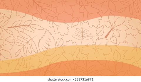 Sencillo fondo otoñal minimalista amarillo anaranjado. Hojas de esquema sobre el fondo, uso para Presentación, Volante y Folleto, Tarjetas, Diseño de Sitio Web, Aterrizaje. Ilustración vectorial.