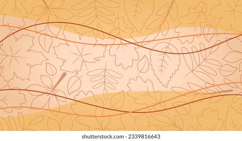 Simple minimalistic autumn background orange yellow. Outline leaves on background, use for Presentation, Flyer and Leaflet, Cards, Landing, Website Design. Vector illustration.