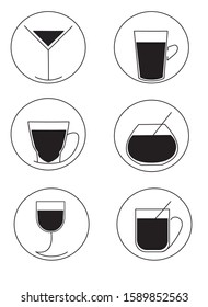 Simple minimalistic beverage icons in a circular frame with transparent background.