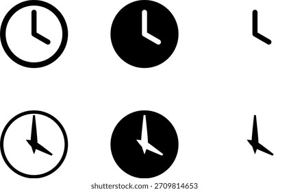 Simples Minimalista Preto e Branco Plano Analógico Relógio Tempo Símbolo Símbolo Ícone Set. Imagem vetorial.