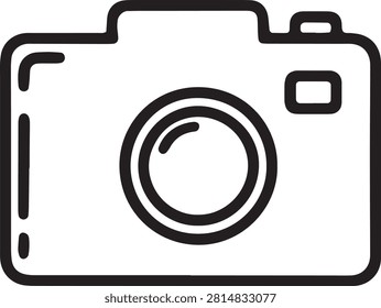 A simple minimalistic black and white line art illustration of a photo camera, perfect for travel photography, vacation snapshots, and tourism picture design concepts