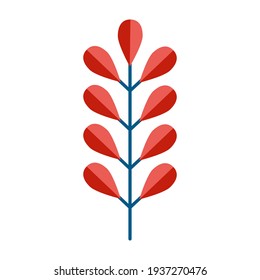 Simple minimalistic blue-green branch with red leaves. Floral collection of elegant plants for seasonal decoration . Stylized icons of botany. Stock vector illustration in flat style isolated on white