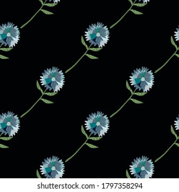 Simple minimalistic botanic seamless pattern with dandelion blue flowers. Black background. Great backdrop for wallpaper, textile, wrapping paper, fabric print. Vector illustration.