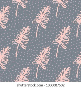 Simple minimalistic botanic seamless pattern with branches. Pink contoured elements on pale navy blue dotted background. Great for wallpaper, textile, wrapping paper, fabric print. Vector illustration