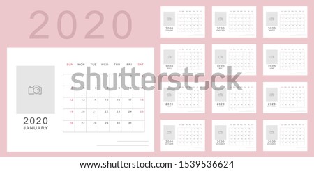 Simple minimalistic calendar of new 2020 year in light pink colors with place for photo. Week starts in Sunday, twelve month calendar. Work and holiday events planner, block-almanac template