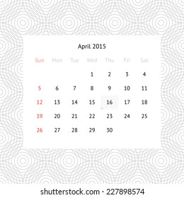 Simple minimalistic calendar page for April 2015 on monochrome background with circles