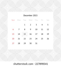 Simple minimalistic calendar page for December 2015 on monochrome background with circles