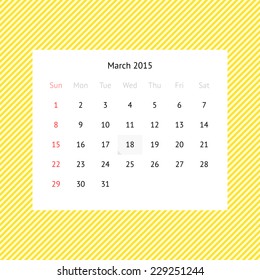 Simple minimalistic calendar page for March 2015 on abstract yellow striped background