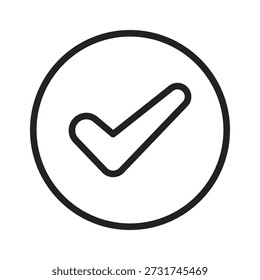 Um ícone de marca de seleção simples e minimalista dentro de uma borda circular, simbolizando aprovação ou conclusão.