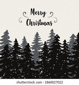 Simple minimalistic Christmas card. Christmas greeting card with fir trees, snowflakes, Christmas decorations, winter forest. Vector New Year card template with calligraphy.