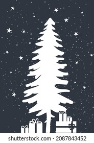 Simple minimalistic Christmas card. Christmas greeting card with fir trees, snowflakes, Christmas decorations. Gifts under the tree. Vector New Year card template