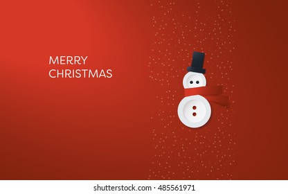 Simple, minimalistic Christmas card vector template. Cute adorable snowman made of buttons on red background. Eps10 vector illustration.