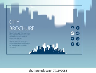 Simple minimalistic city skyline traveling tourist guide book. Horizontal A4 brochure, flyer, cover, poster or guidebook template. Vector modern illustration.