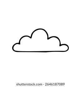 Um design de nuvem simples e minimalista é mostrado. A nuvem cumulus branca inchada é desenhada em linhas pretas, criando um ícone básico ou ilustração de arte vetorial