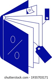 Simple minimalistic creative isometric icon. Opened book with tags label bookmarks and sale. Vector illustration for web