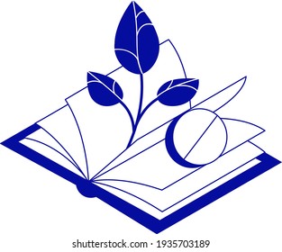 Simple minimalistic creative isometric icon. Opened medicine book with herb and pharmacy drug. Vector illustration for web