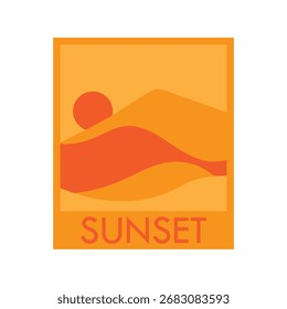 Simples Minimalista deserto selo postal clip arte fundo amarelo papel de parede com grande laranja pôr do sol texto. Bioma árido de Wasteland. Alvorecer estético ou sol definido em vetor de ilustração de terreno de areia, EPS 10.
