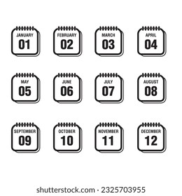 A simple and minimalistic design template for the month of the year icon in black and white for the design of posters, banners, catalogs and other design needs from January to December.