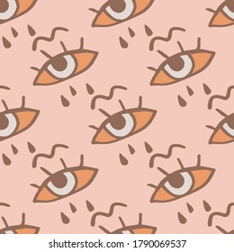 Simple minimalistic eye seamless pattern. Orange and brown colored ornament on light pink background. Perfect for wallpaper, wrapping paper, textile print, fabric. Vector illustration.