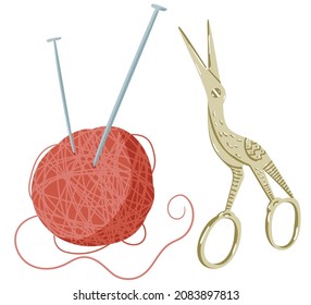 Simple minimalistic flat illustration of beige and brown colored figured decorative scissors in form of bird and red ball of yarn with two knitting needles