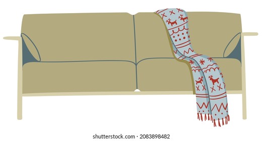 Simple minimalistic flat illustration of beige and brown sofa with blue patterned plaid in christmas style