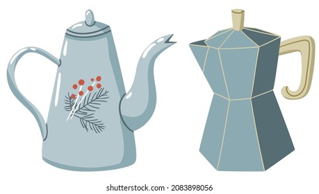 Simple minimalistic flat illustration of blue vintage tall geyser coffee pot with beige edges and retro teapot with decor of fir branch and red berries