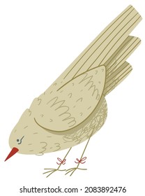 Simple minimalistic flat illustration of curious beige bird with head down looking down