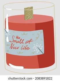Simple minimalistic flat illustration of cute red candle in transparent glass with blue sticker The smell of new life