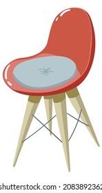 Simple minimalistic flat illustration of cute red plastic chair with higt four wood legs and round pillow