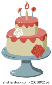 Simple minimalistic flat illustration of two layered beige tower cake on high blue plate with candle, white flower, red glaze and lollipops round and star shaped