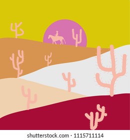 In simple minimalistic flat style. Composition. Soft nature landscape with sky, desert, mountains. Scene for your design. Vector.