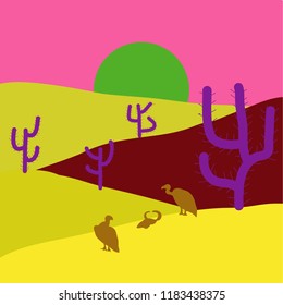 In simple minimalistic flat style. Illustration on yellow, pink and red colors. Vector. Scene for your design. Soft nature landscape with yellow, pink and red sky, desert, volcanoes or mountains.