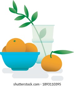 Simple minimalista y fresca ilustración vectorial de algunas naranjas y una rama en un vaso.