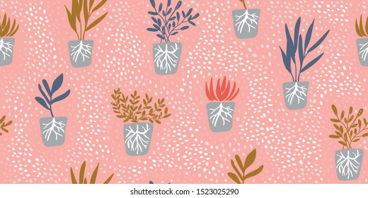 Simple minimalistic garden plants with roots without pots on pink background with polka dots. Happy gardening design. Minimalistic seamless pattern in scandinavian style. Organic gardening pattern