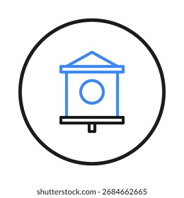 A simple and minimalistic graphic illustration featuring an architectural building structure outlined in blue and black, neatly framed within a circular design. The clean lines and geometric shapes